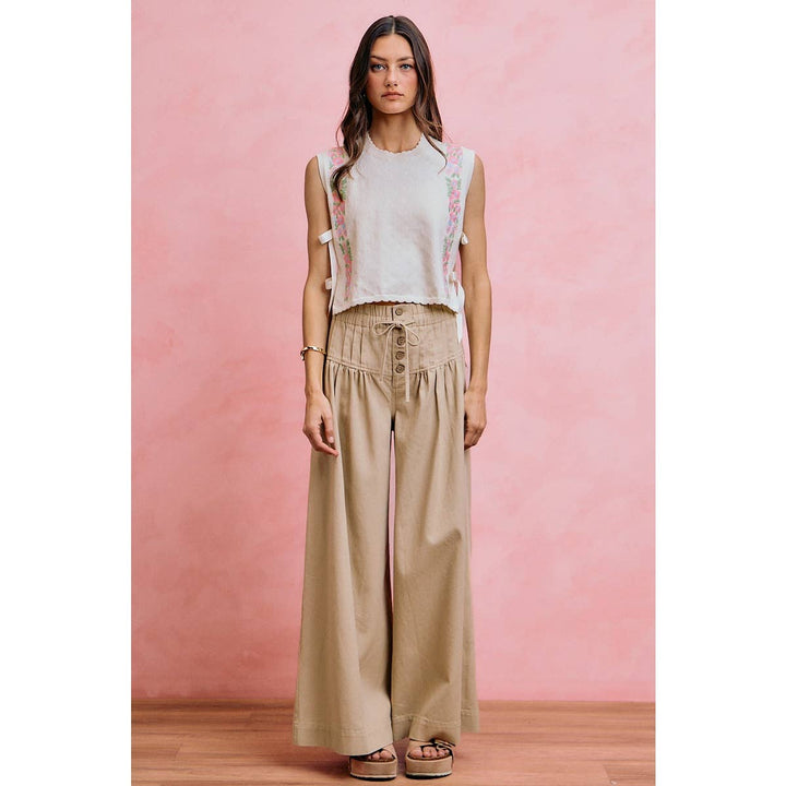 Wide leg Oatmeal Denim Pants w/ Pintuck Waist