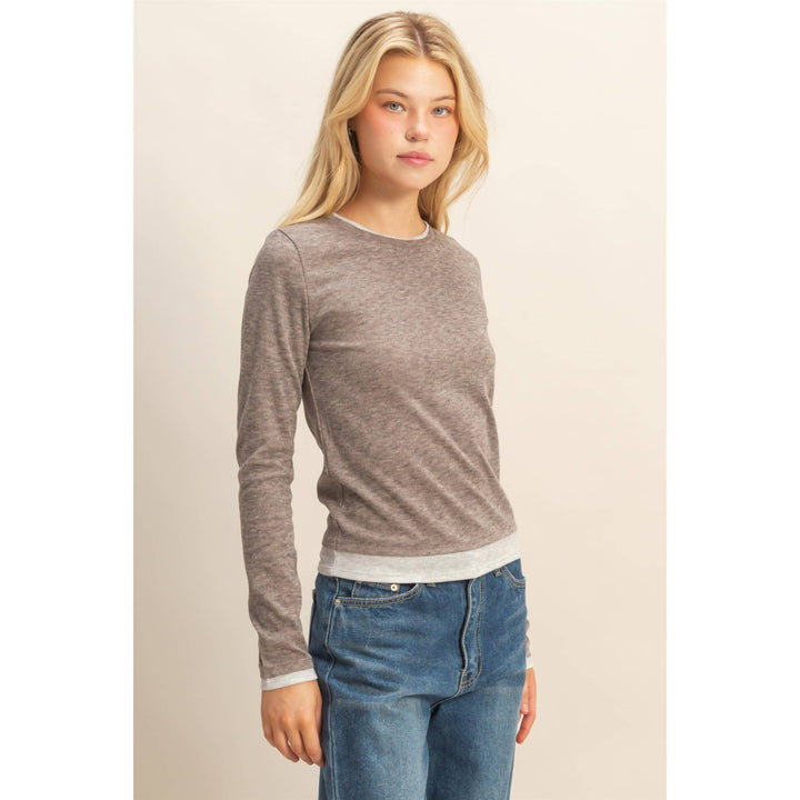 Long Sleeve Contrasting Top in Brown or Gray