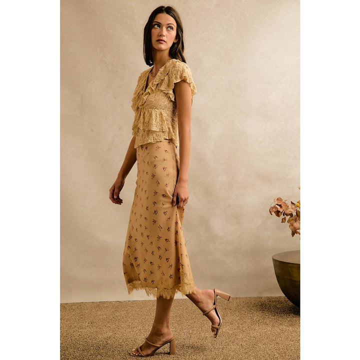 Satin Floral & Lace Trim Midi Skirt