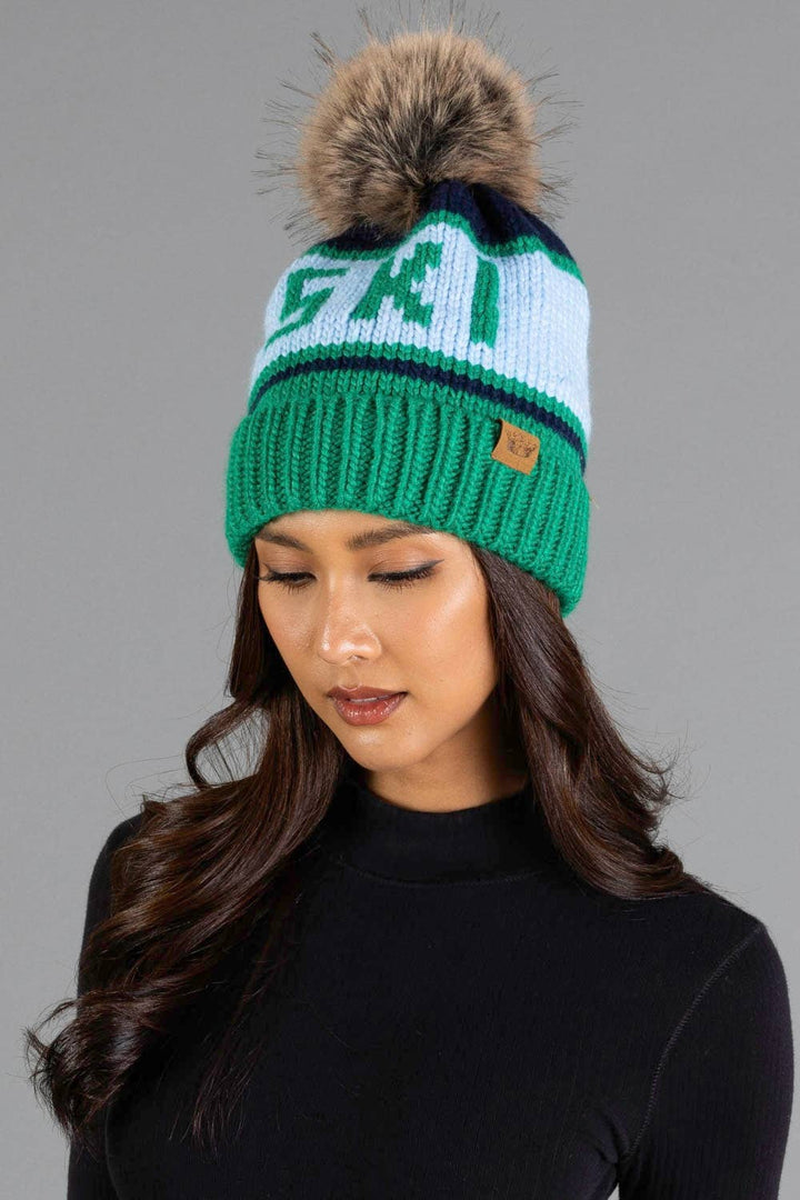 Green & Lt. Blue  Ski Pom Hat