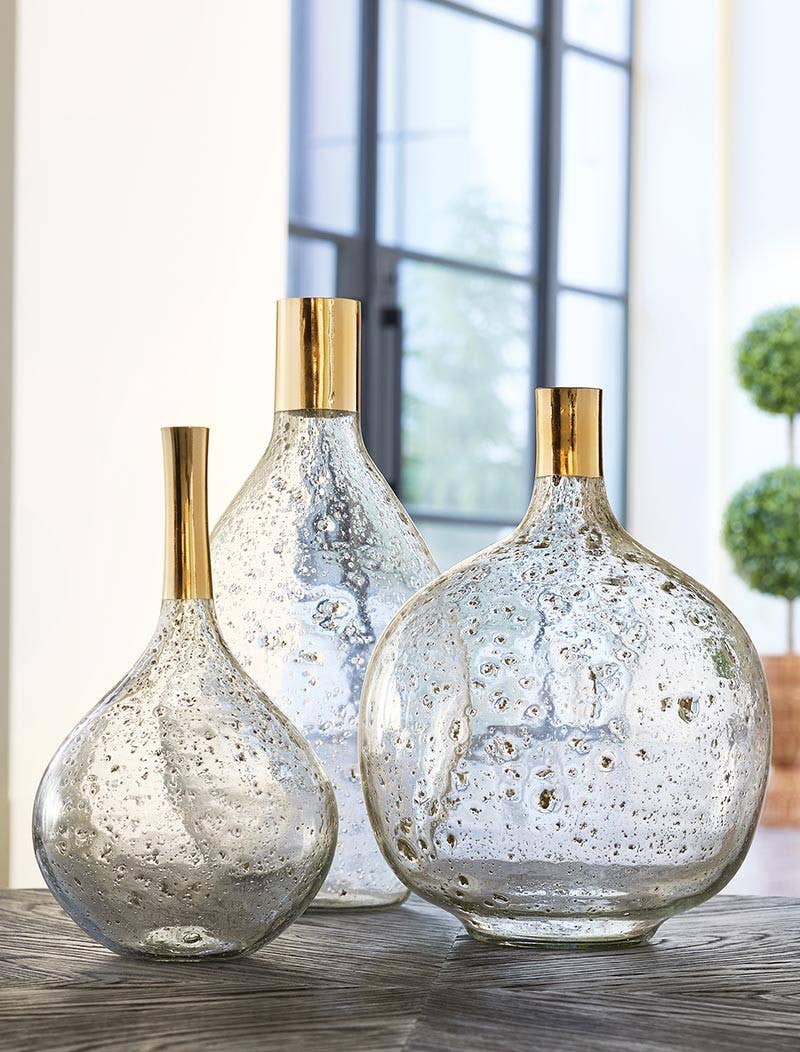 Round Recycled Glass Vase with Gold Trim 12.5"