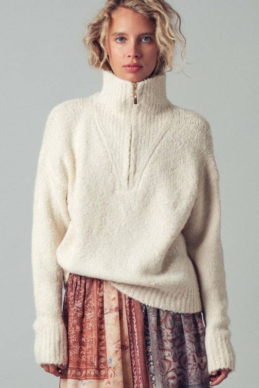Ivory Textured Quarter-Zip Sweater