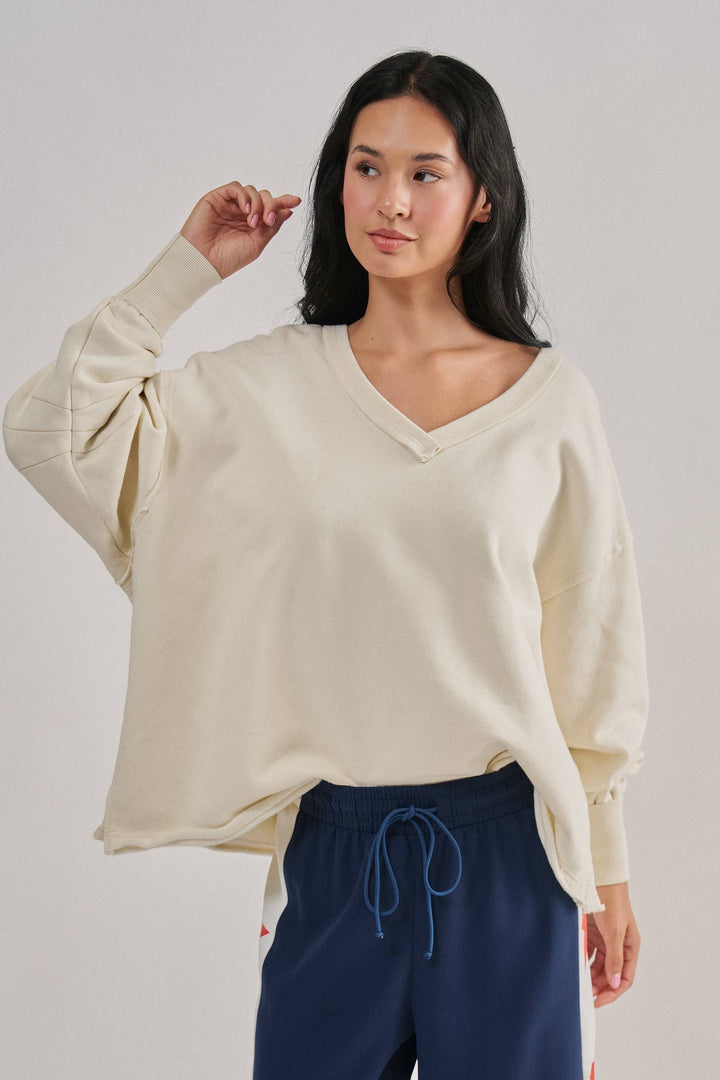 Chalk Raw Edge V-Neck Oversized Sweatshirt