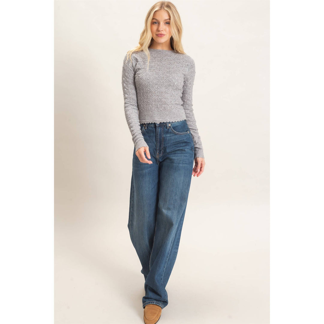 Heather Gray Crochet Scalloped Hem Sweater