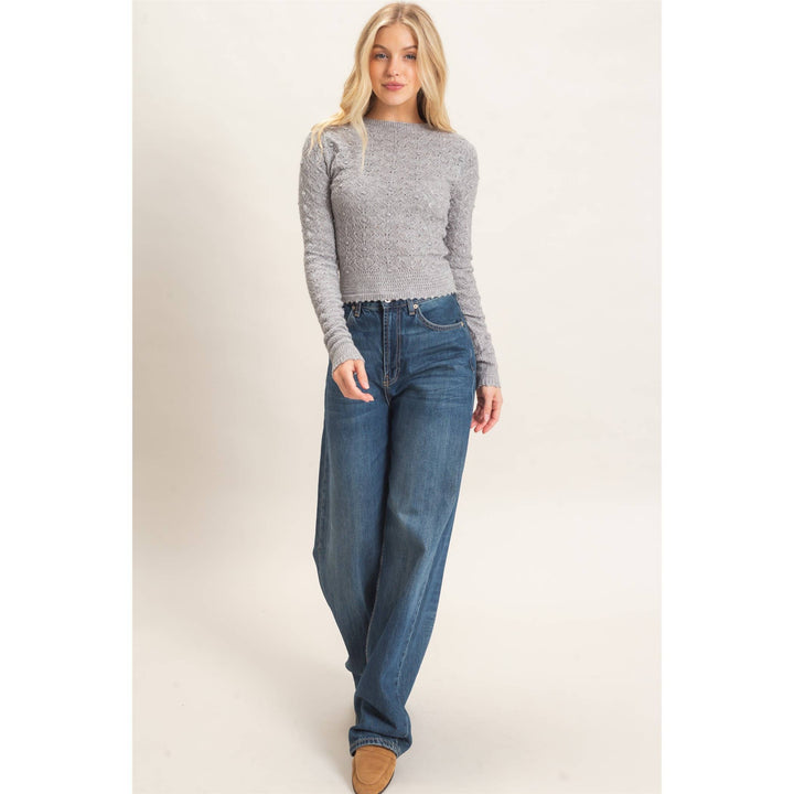 Heather Gray Crochet Scalloped Hem Sweater