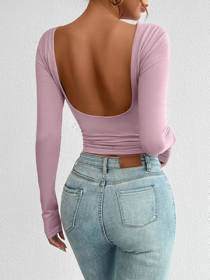 Brown Long Sleeve Crop Top with Open Back