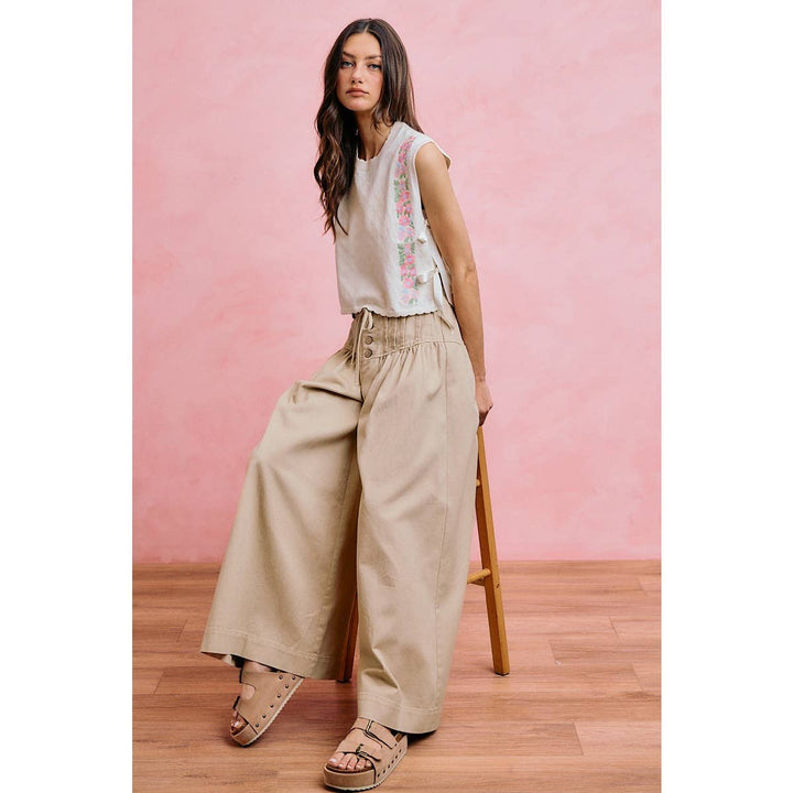 Wide leg Oatmeal Denim Pants w/ Pintuck Waist