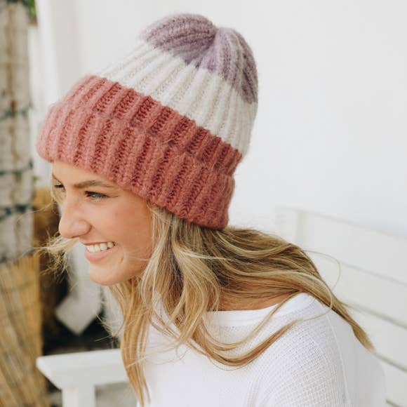 Cozy Color Block Wool Beanie in Rose or Blue