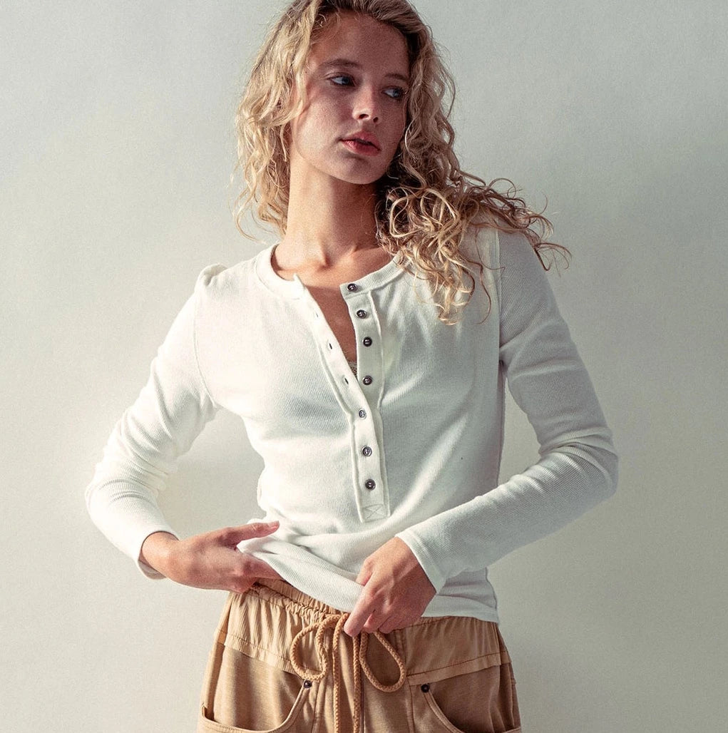 Ribbed Henley Long Sleeve Top - 4 colors