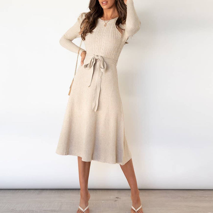Cable Knit Midi Dress w/ Waist Tie