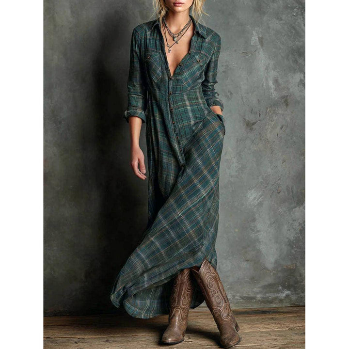 Green Plaid Maxi Shirt Dress