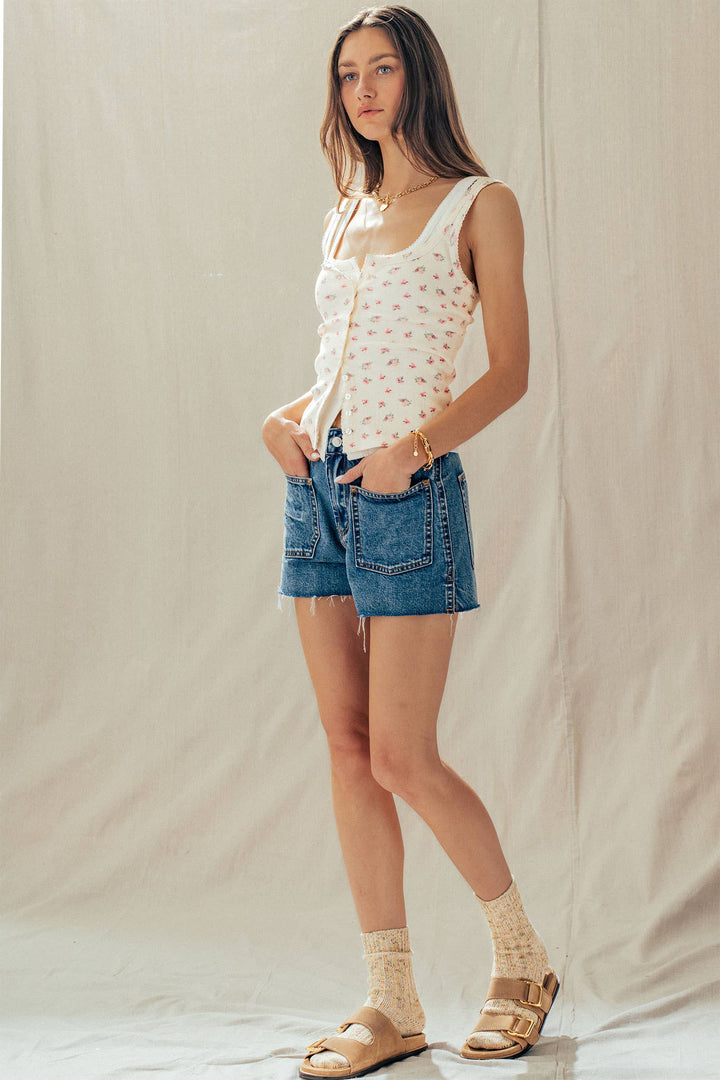 Apricot Ribbed Cotton Button-Front Picot Trim Tank