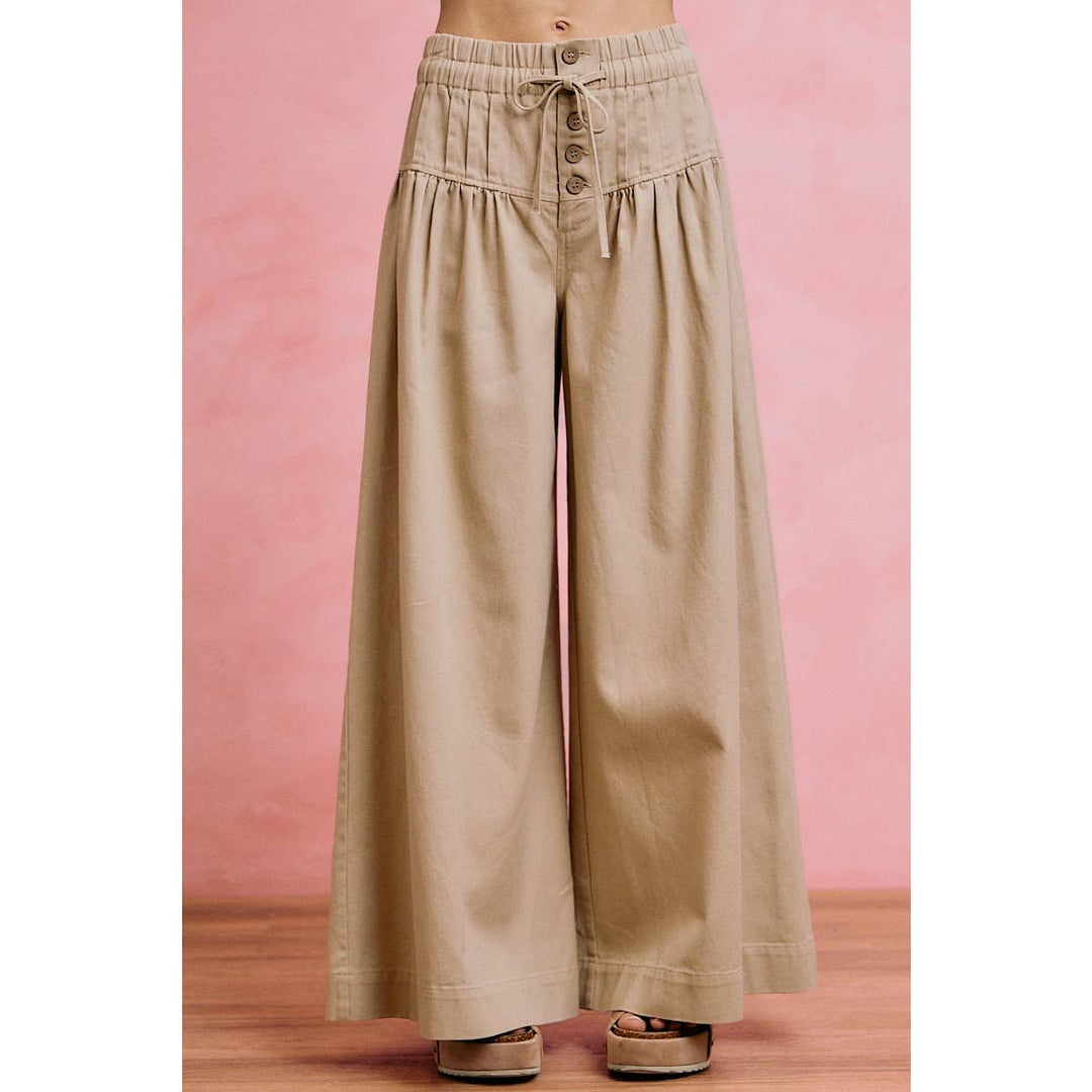 Wide leg Oatmeal Denim Pants w/ Pintuck Waist