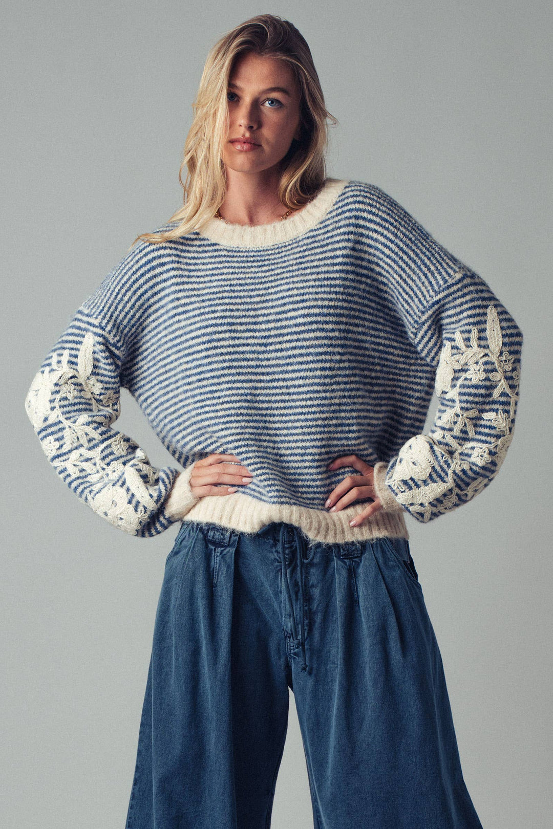 Floral Embroidered Blue Striped Knit Sweater