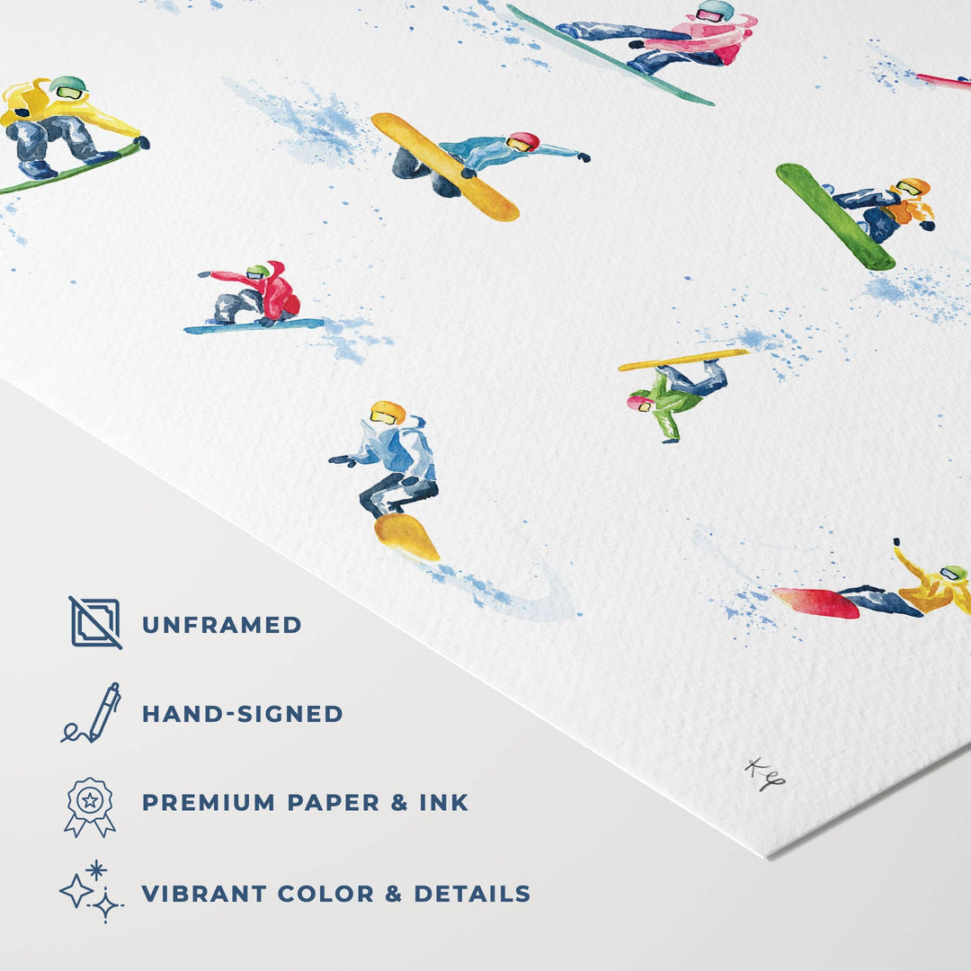 Colorful Snowboarder Tricks Watercolor Art Print