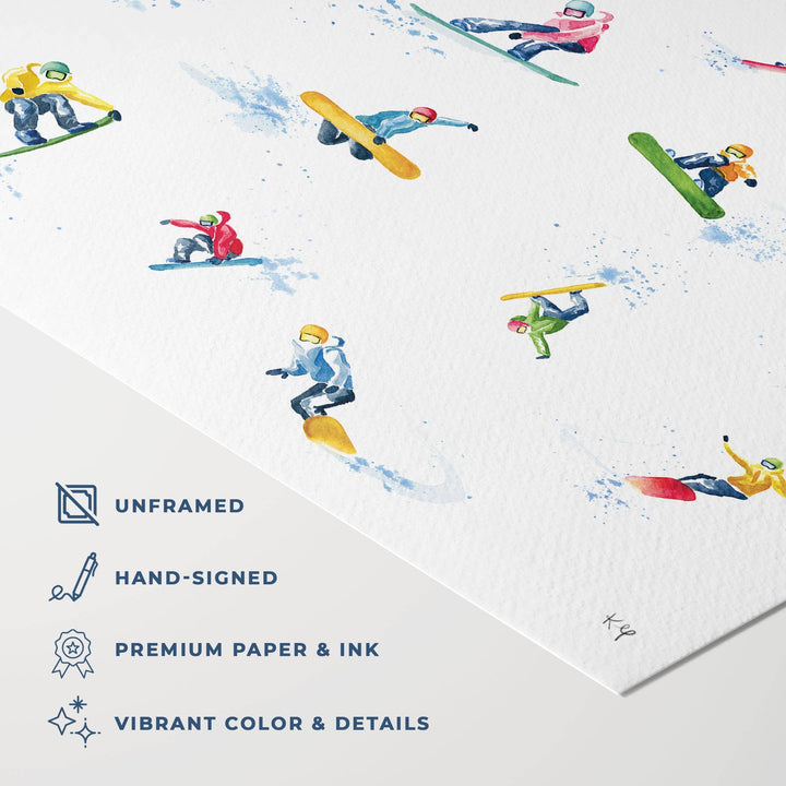 Colorful Snowboarder Tricks Watercolor Art Print