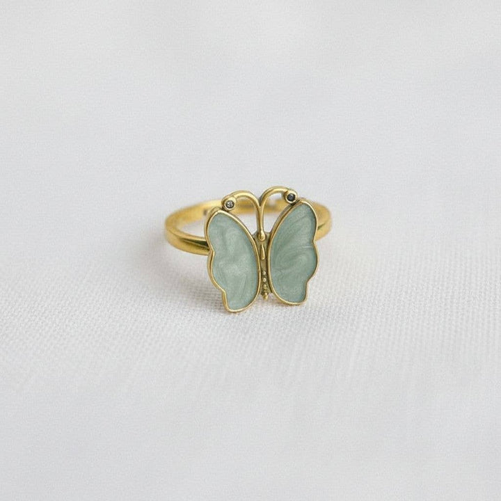Vintage Gold Tone Butterfly Enamel Adjustable Ring