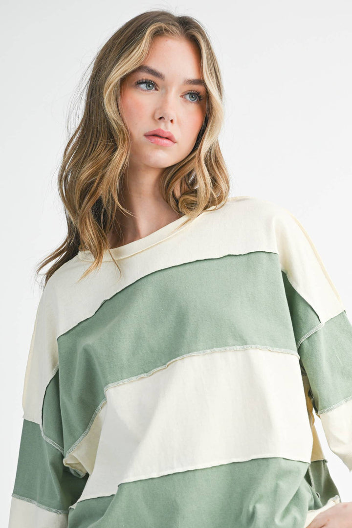 Contrast Panel Long Sleeve Slouchy Top in Butter Green
