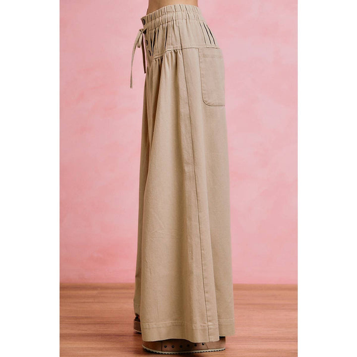 Wide leg Oatmeal Denim Pants w/ Pintuck Waist