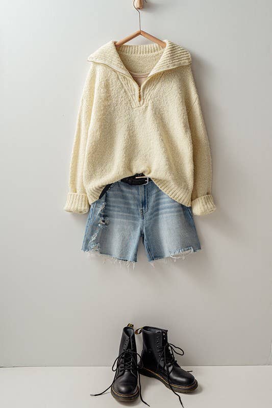 Ivory Textured Quarter-Zip Sweater