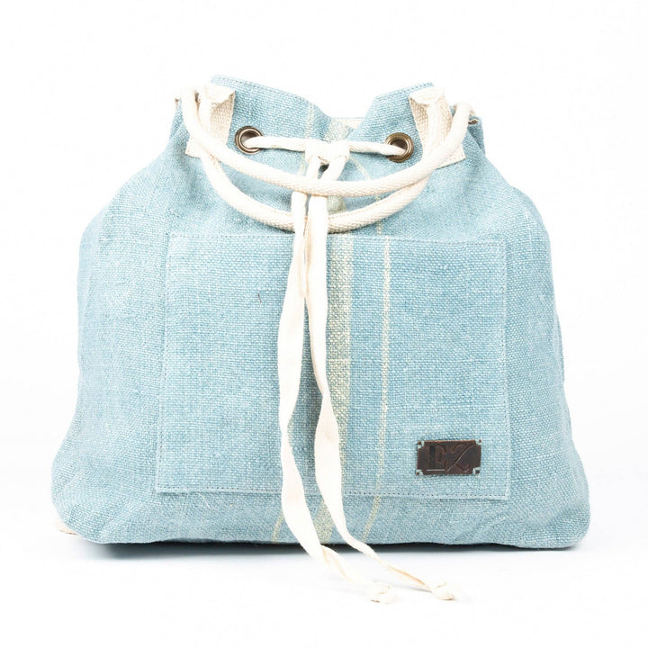 Blue Jute Adjustable Drawstring Closure Backpack Purse