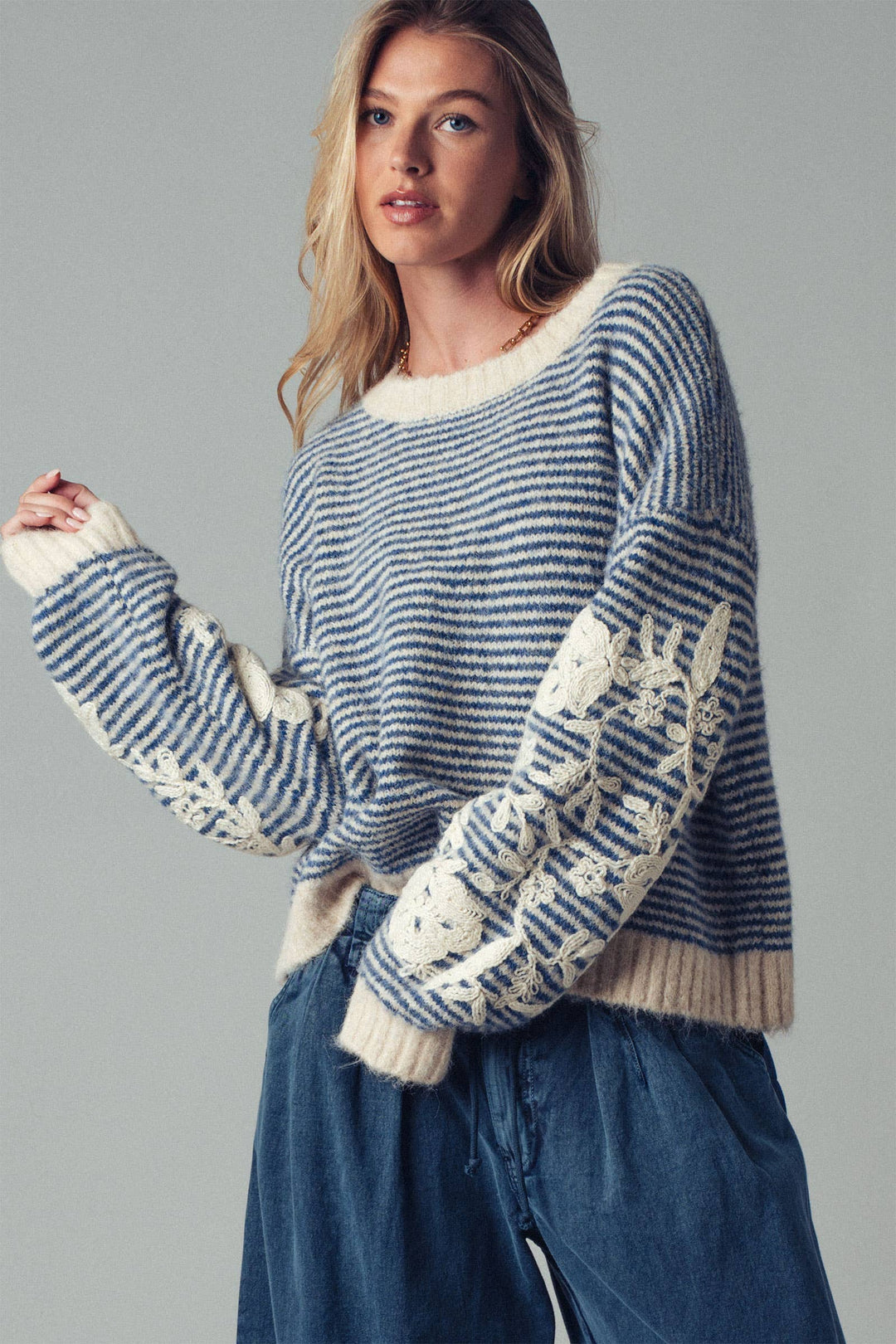 Floral Embroidered Blue Striped Knit Sweater