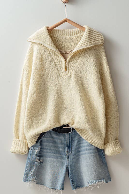 Ivory Textured Quarter-Zip Sweater