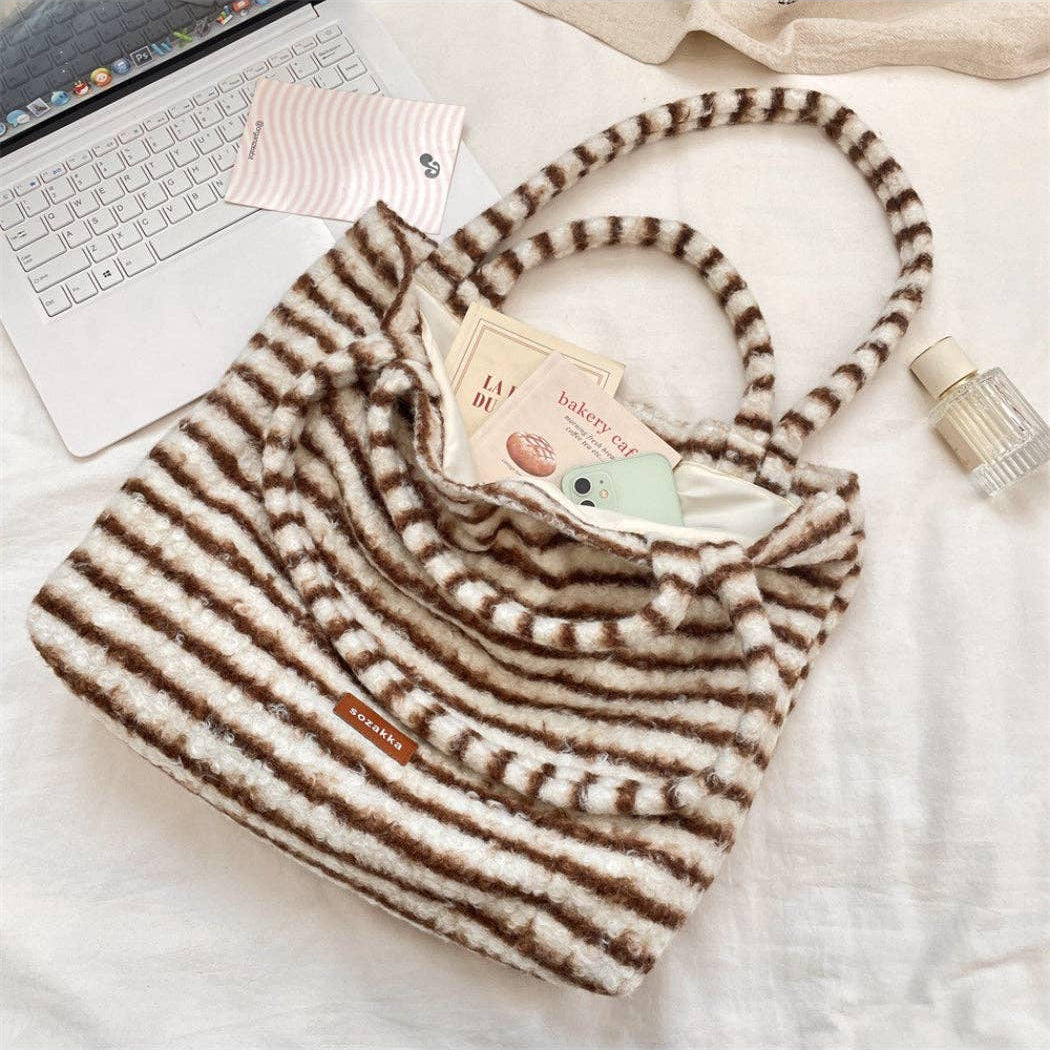 Soft Striped Fuzzy Tote Bag