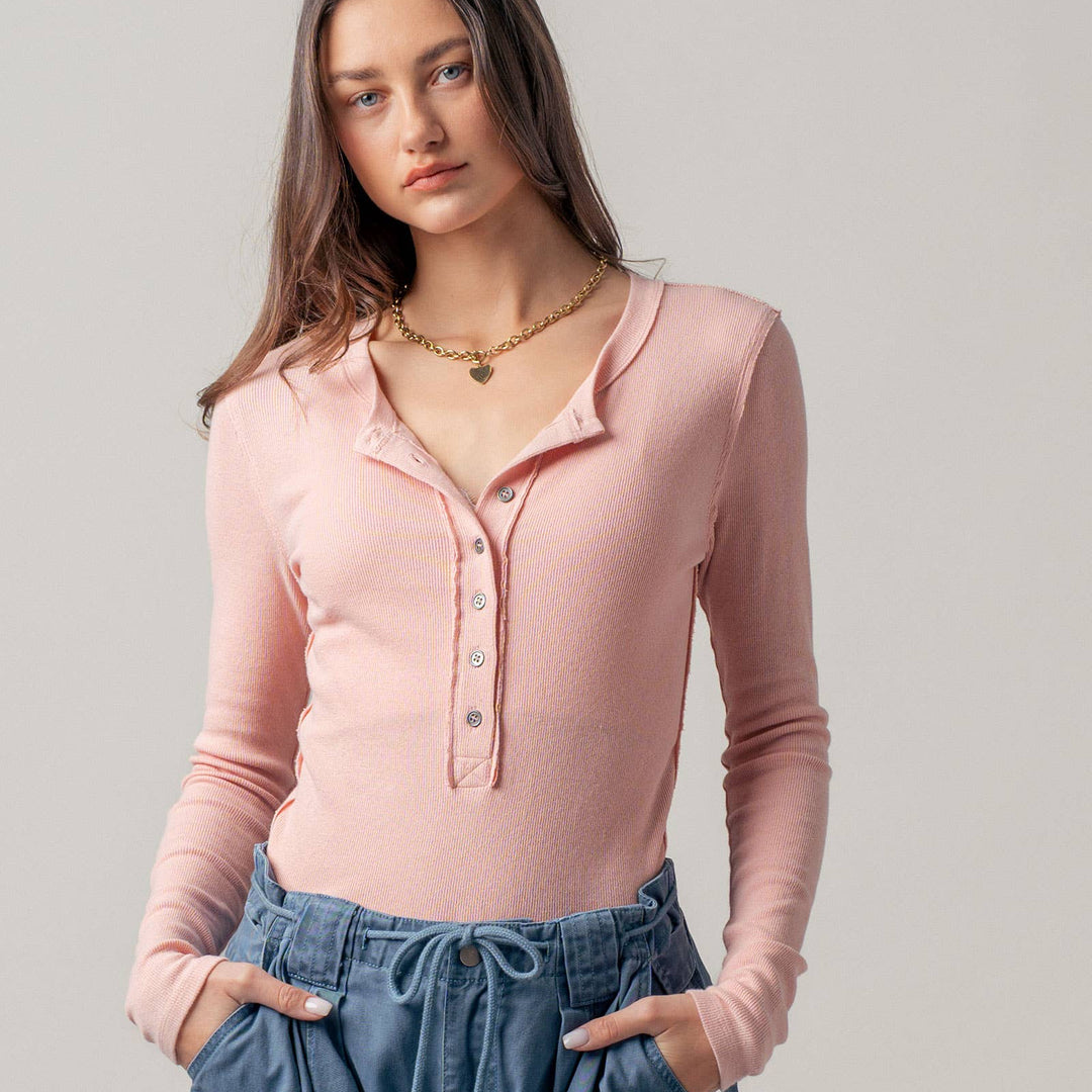 Ribbed Henley Long Sleeve Top - 3 colors