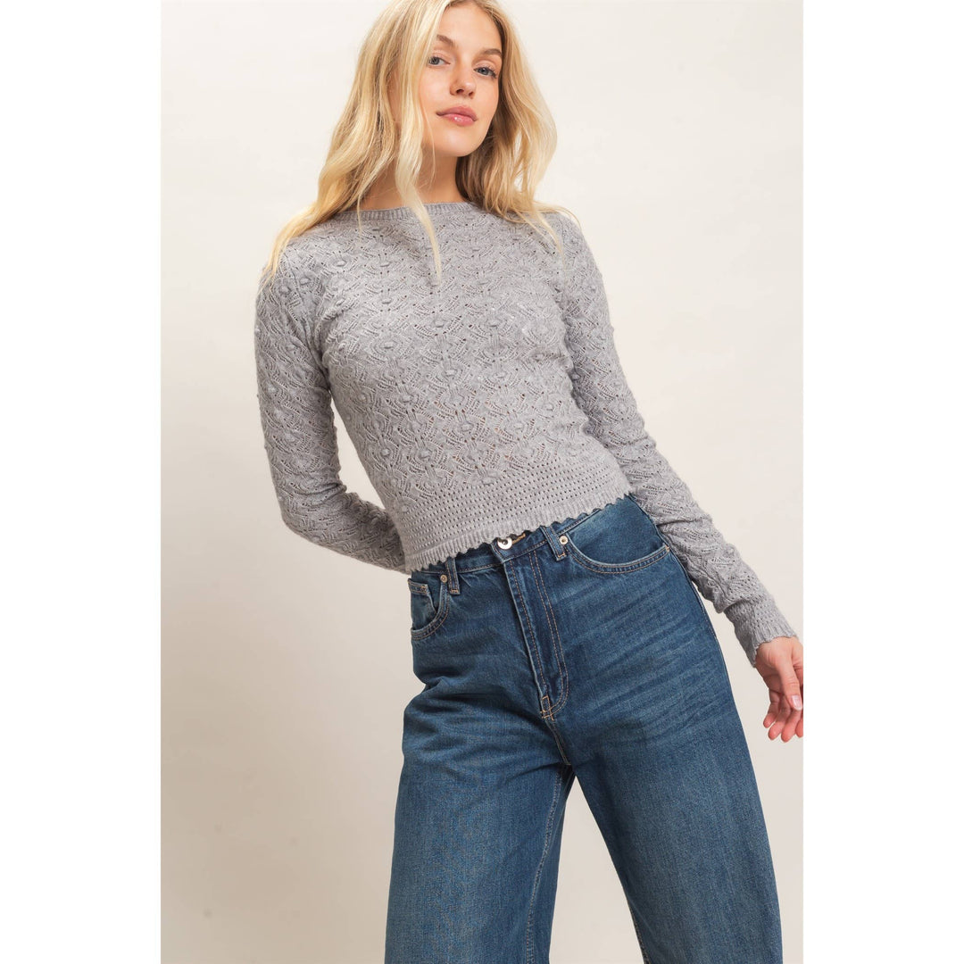 Heather Gray Crochet Scalloped Hem Sweater