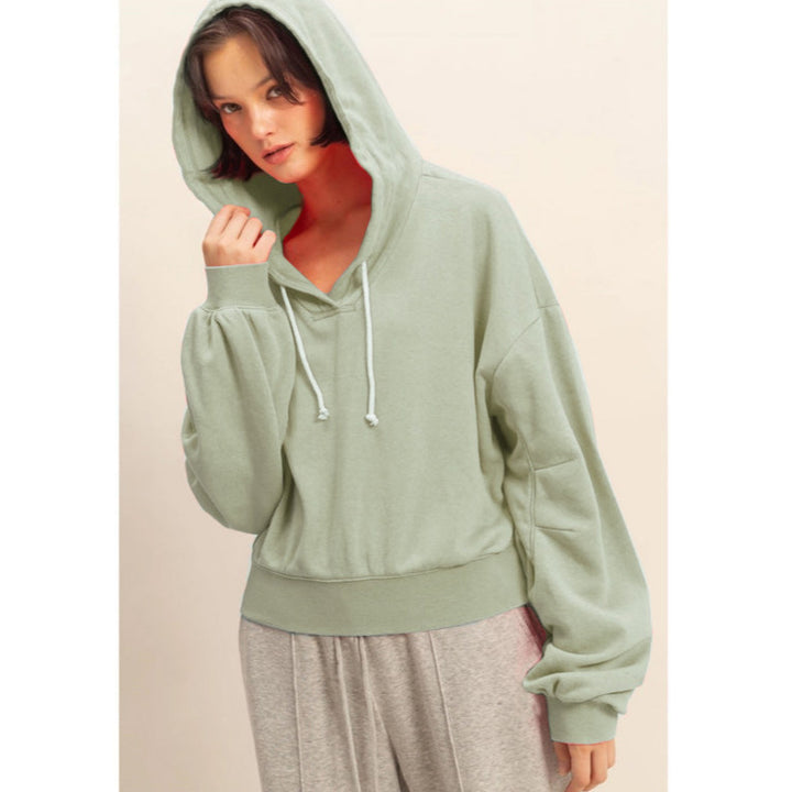 V-Neck Long Sleeve Crop Hoodie in Sage